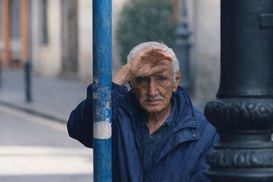 **A plena luz del cansancio**

Un hombre se protege del sol mientras su mirada permanece fija, directa, casi inmóvil. El gesto de la mano, las marcas del tiempo en el rostro y la intensidad de sus ojos construyen un retrato donde el cansancio deja de ser solo físico. La luz no oculta nada: revela el paso de los años, la resistencia y una vida que parece escrita sobre la piel.