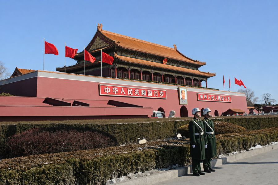 Frente a la Puerta de Tiananmen, dos guardias permanecen inmóviles mientras las banderas rojas se recortan sobre el cielo de Pekín. La arquitectura monumental, el orden del espacio y la quietud de las figuras construyen una escena cargada de simbolismo. Una imagen donde poder, disciplina e historia conviven en un mismo encuadre.